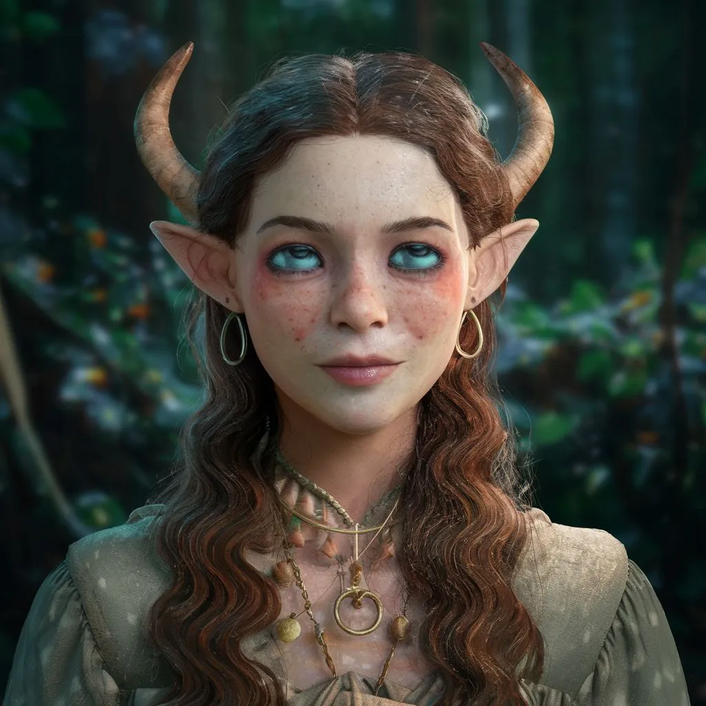 a woman with horns and blue eyes in a forest