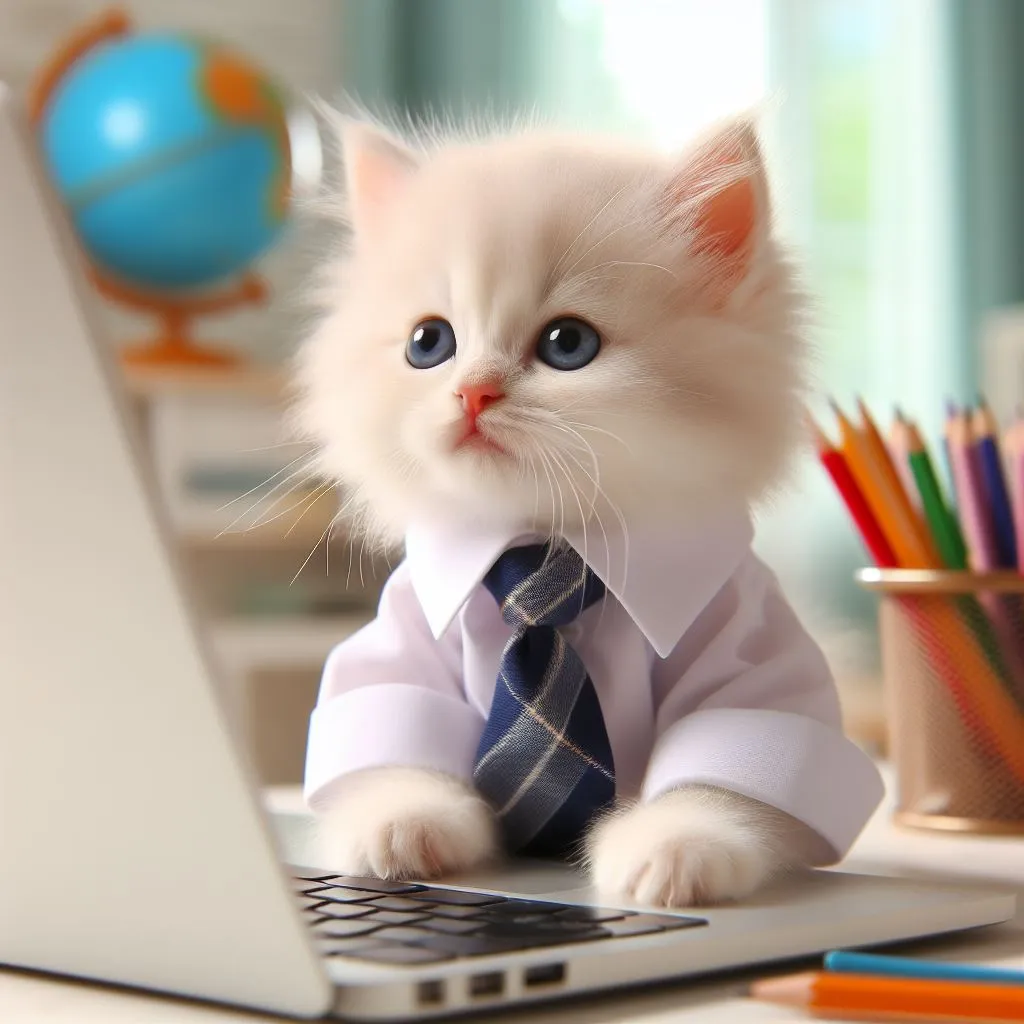 a kitten wearing a shirt and tie sitting on a laptop Fixed background. The movement of paws on the keys and the mouth opens slightly from diligence