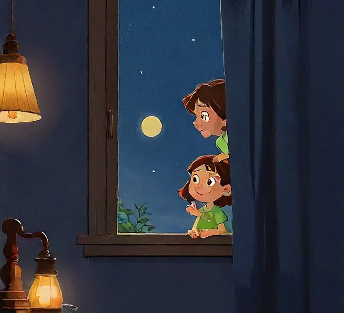 a boy and a girl looking out a window at the moon