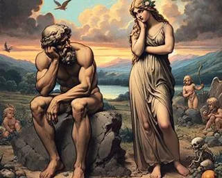 a painting of a man and a woman sitting on a rock