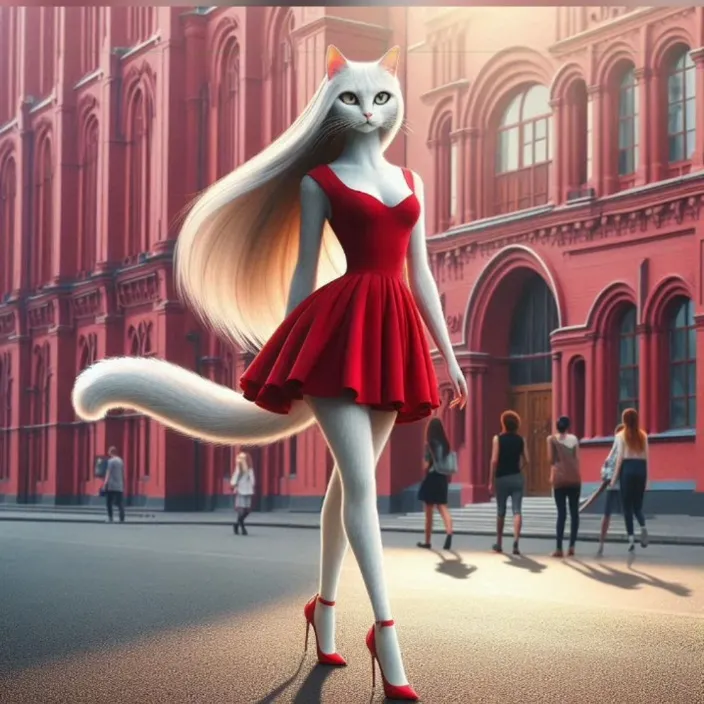 a woman in a red dress standing in front of a cat