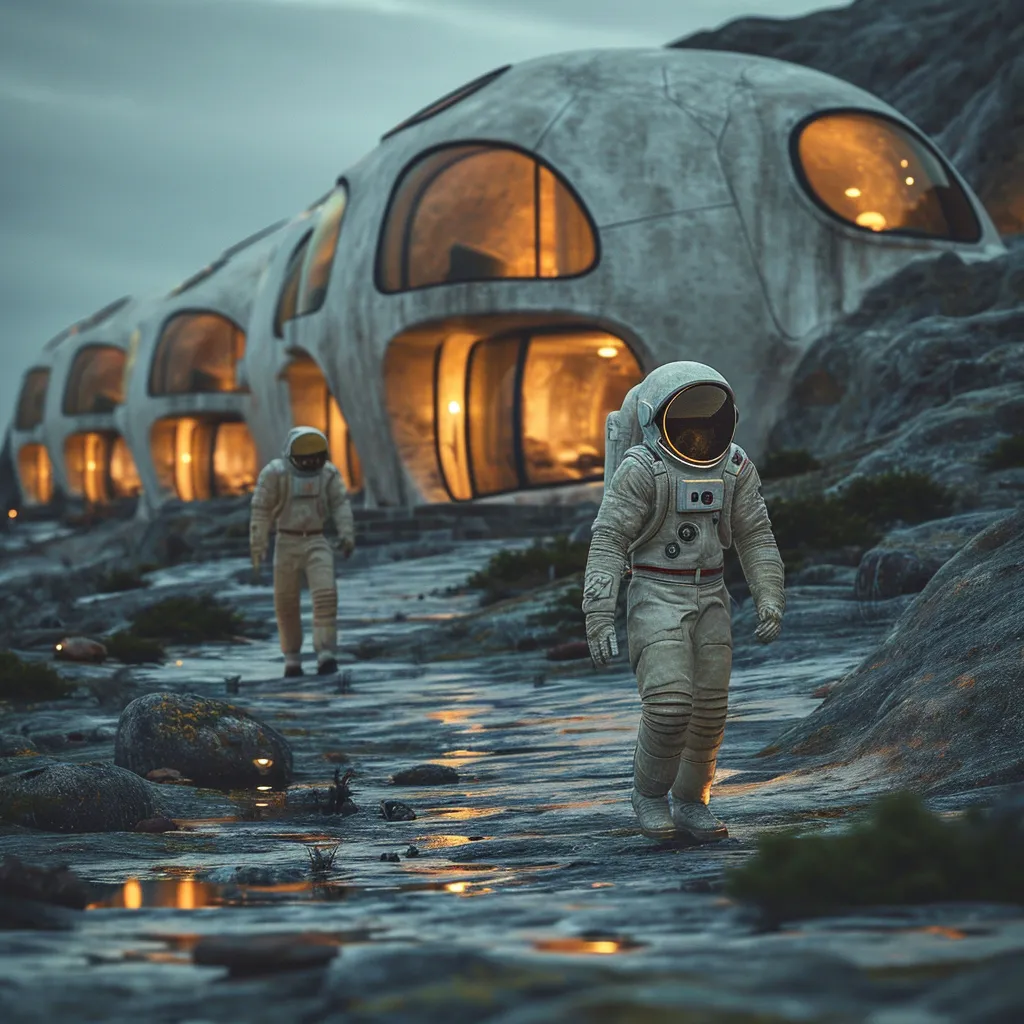 a group of people walking slow in spacesuits walking on a path