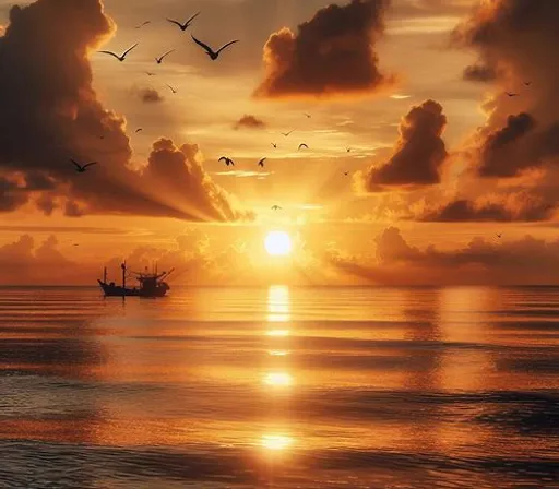 a boat floating on top of a body of water under a cloudy sky