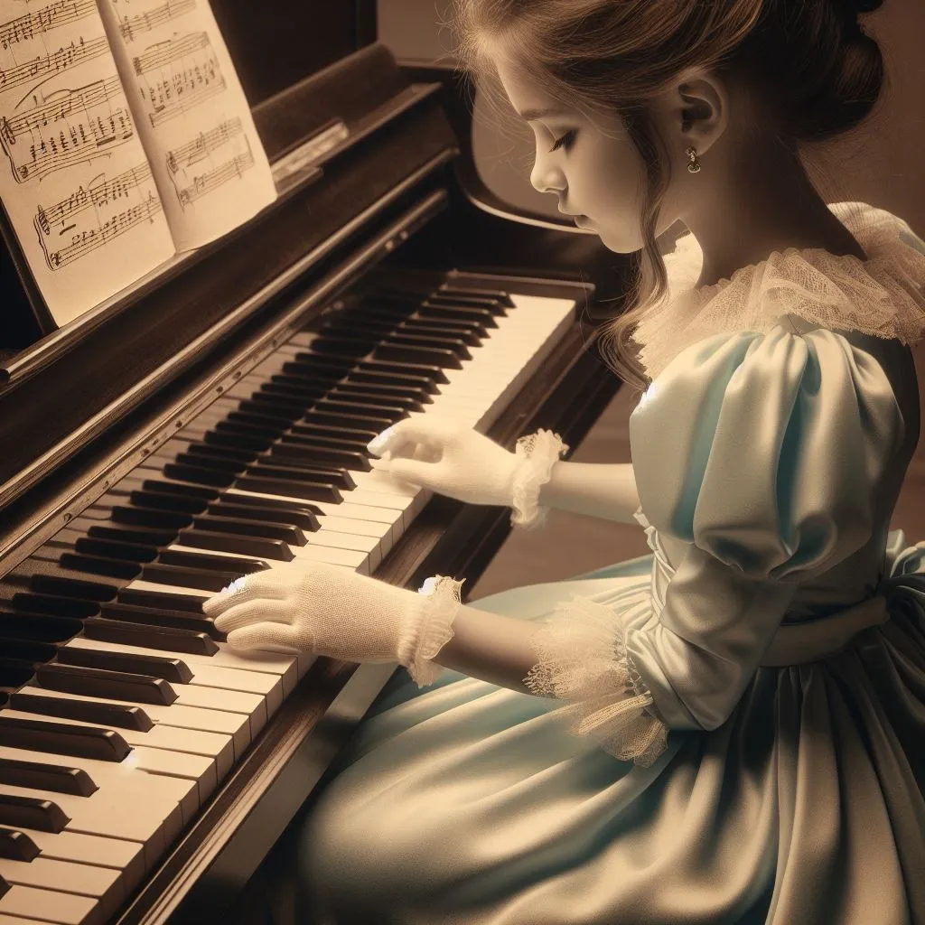 a young girl sitting at a piano playing the piano