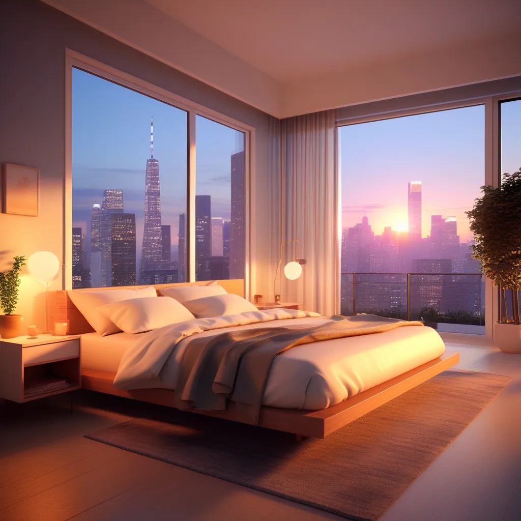  The camera transitions from darkness to a cozy bedroom illuminated by a soft morning light. Convey the warmth and comfort of the room through the lighting and decor.