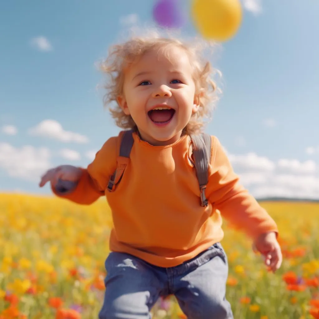 a toddler running through a field of flowers with balloons in the air