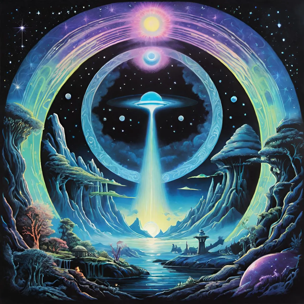 a painting of an alien landscape with a blue ring in the middle