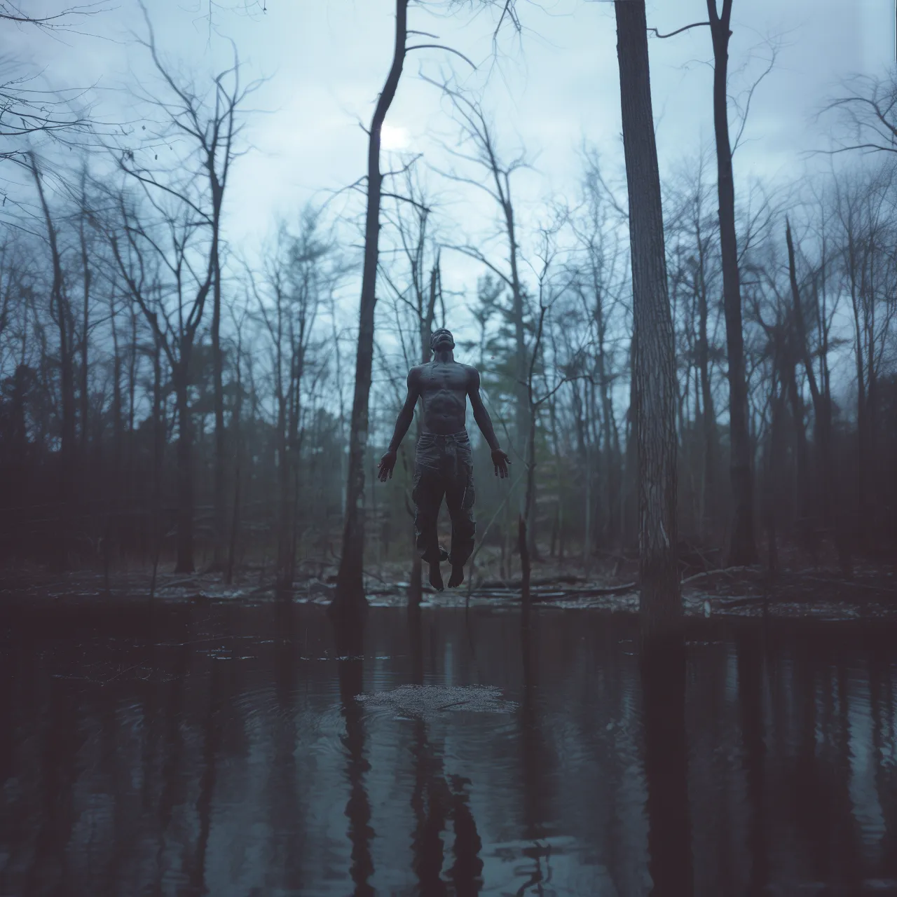 a man flying on a lake in the middle of a forest