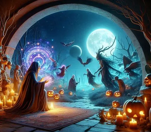 a painting of a halloween scene with pumpkins and witches