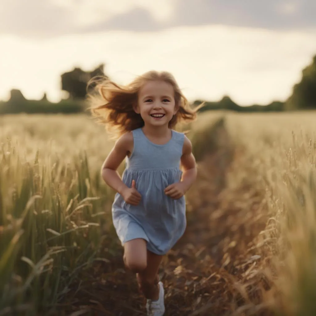 a little girl running through a field of tall grass