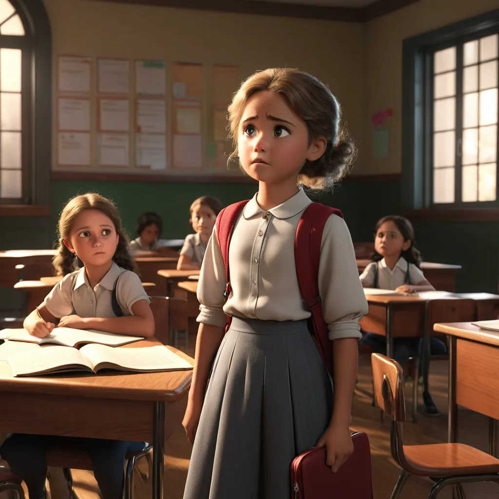 a young girl standing in front of a desk in a classroom