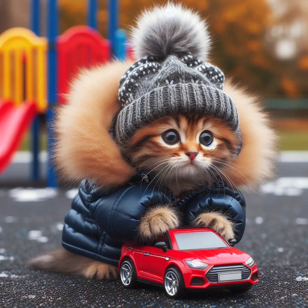 a small kitten wearing a coat and a hat next to a toy car