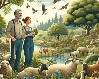 a painting of a man and a woman standing in front of a herd of sheep