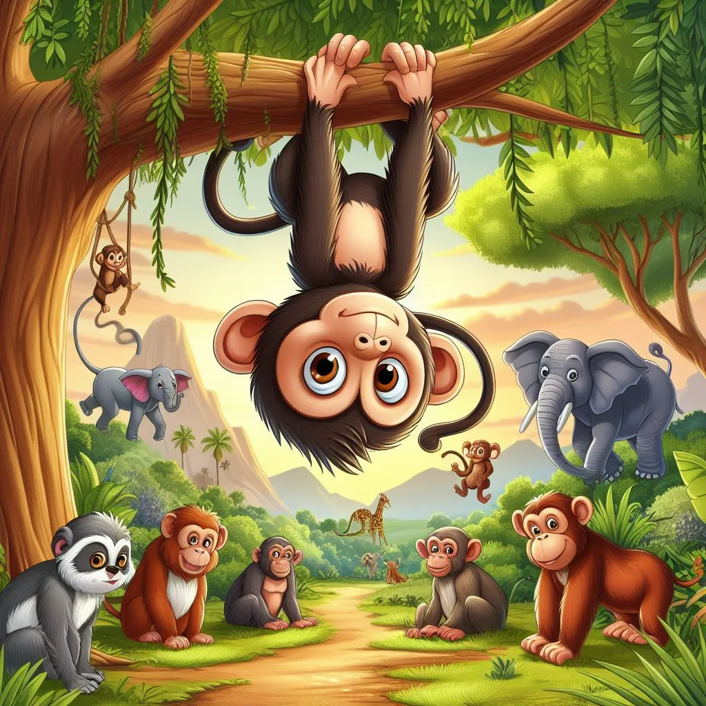 a monkey hanging from a tree in a jungle