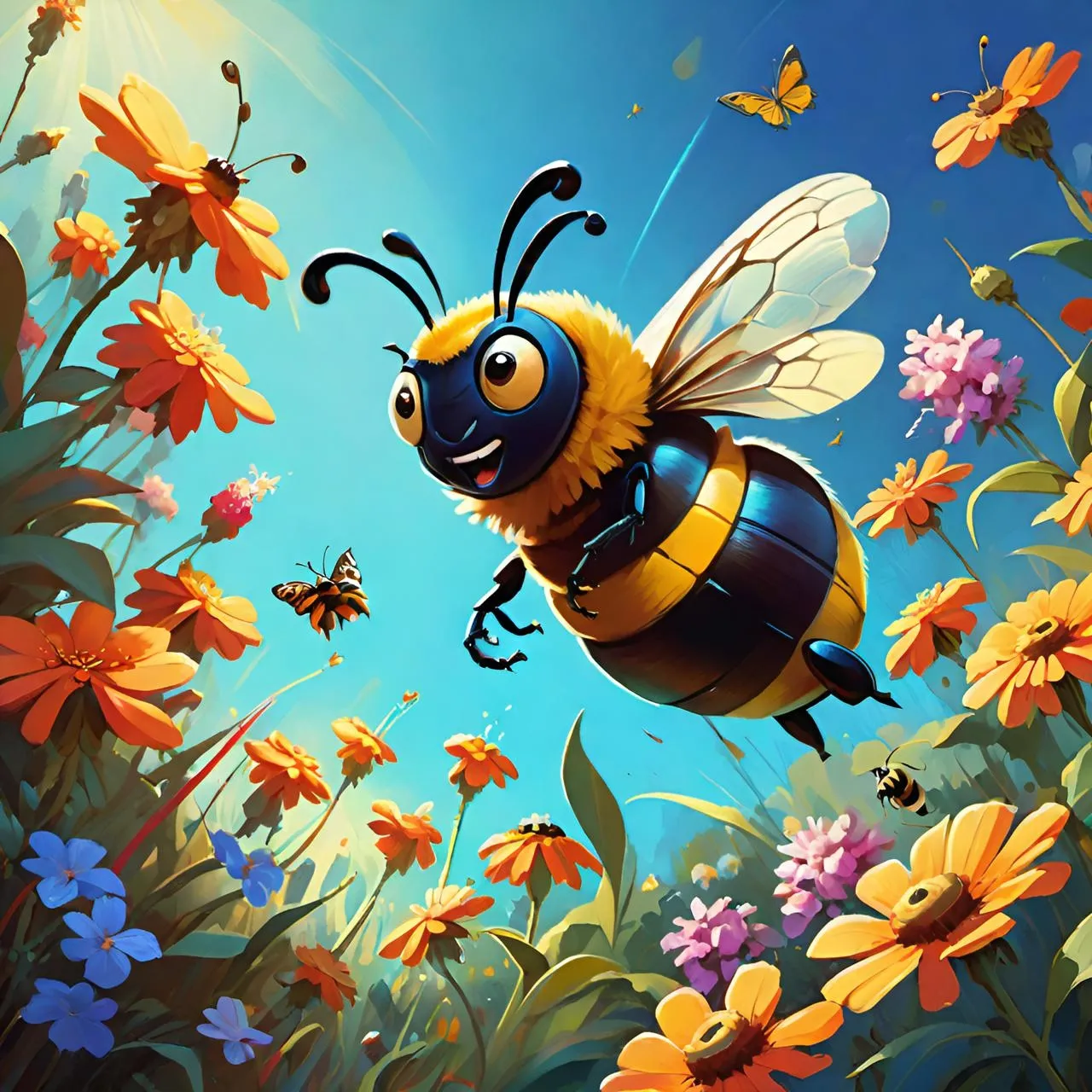 a painting of a bee flying over a field of flowers