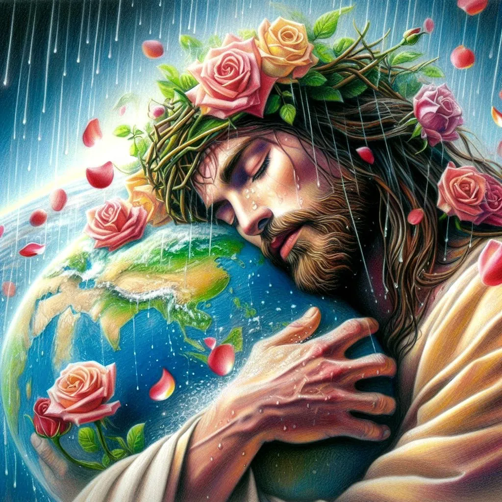 a painting of jesus hugging a globe with roses on it