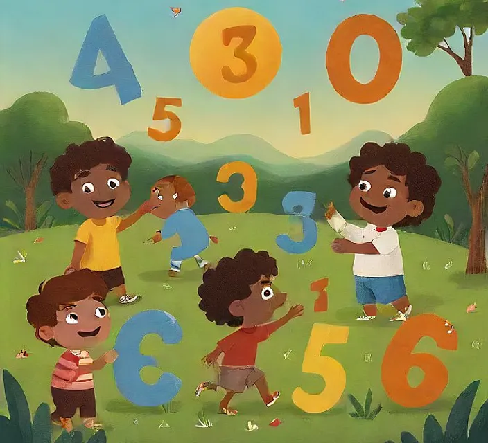 a group of children playing with numbers in a field