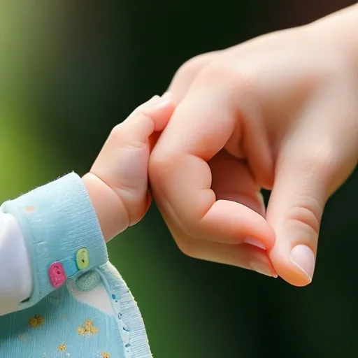 Close-up of a mother's hand reaching out to hold her child's hand.