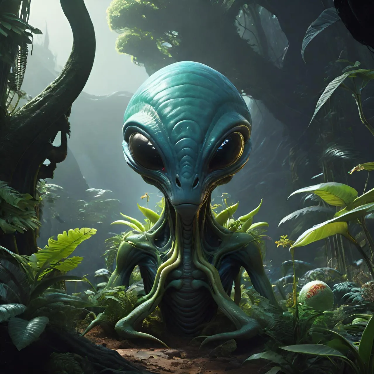 an alien sitting in the middle of a forest