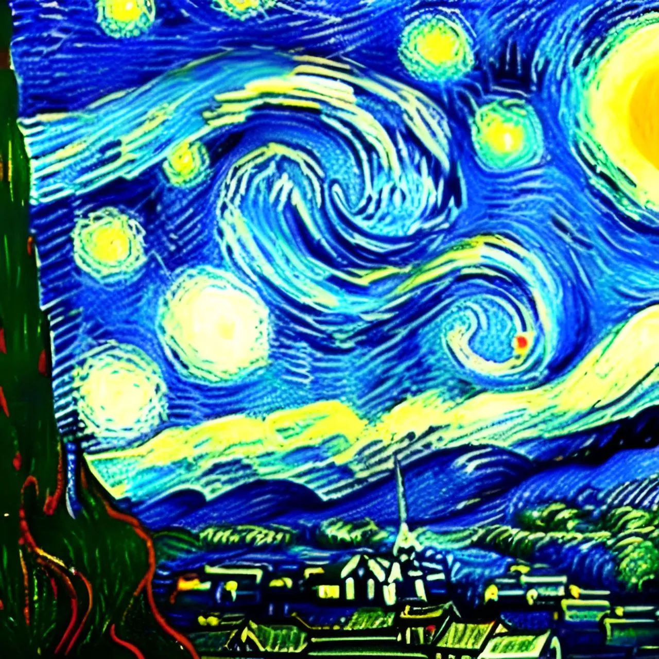 a painting of a starry night over a town