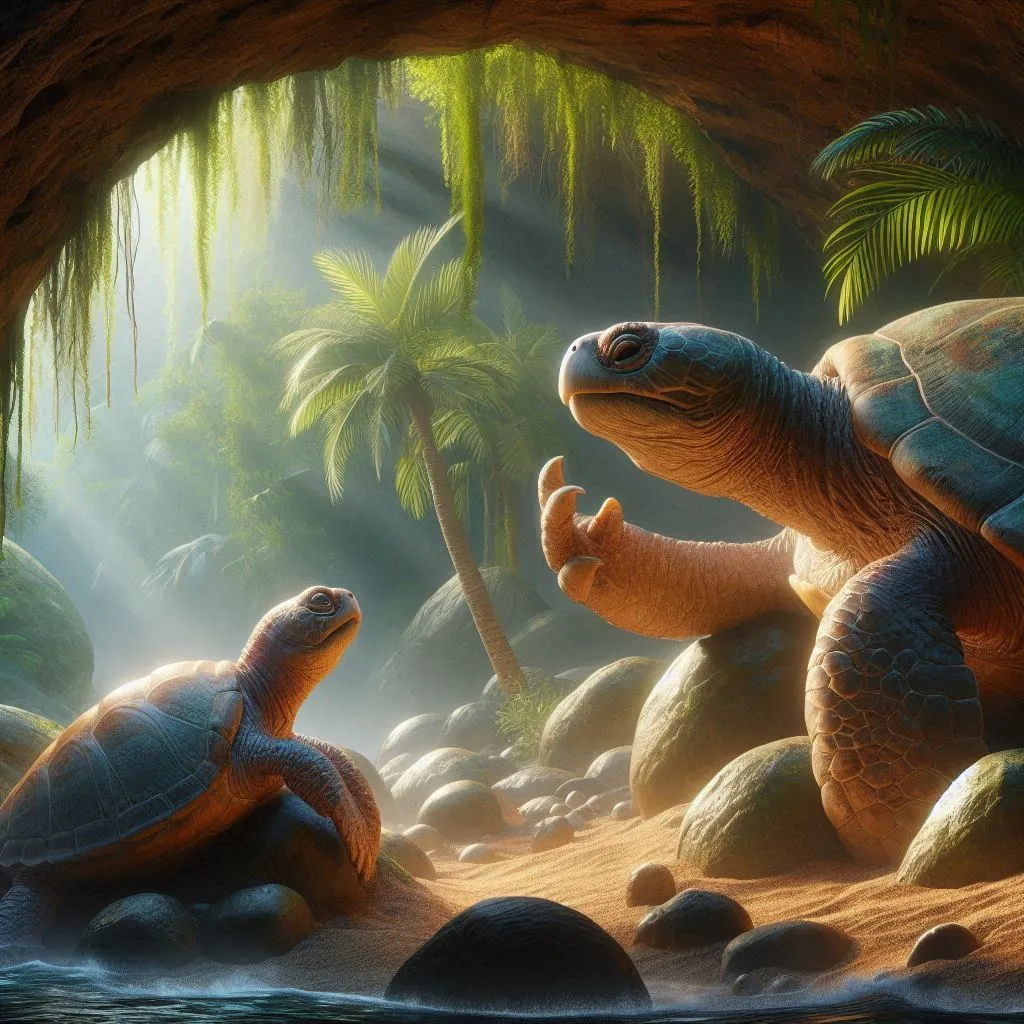 a painting of two turtles in a cave