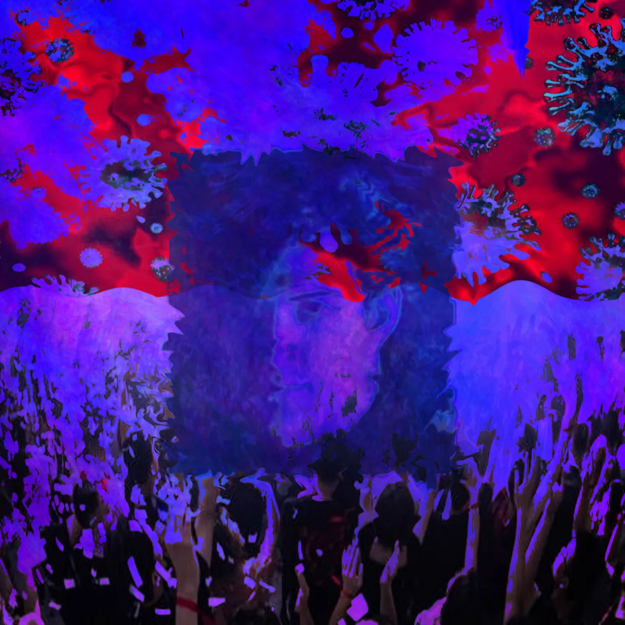 an audience at a rock concert dancing with their hands up while a projection screen displays the artist's head and face against a backdrop of rapidly moving clouds at sunset