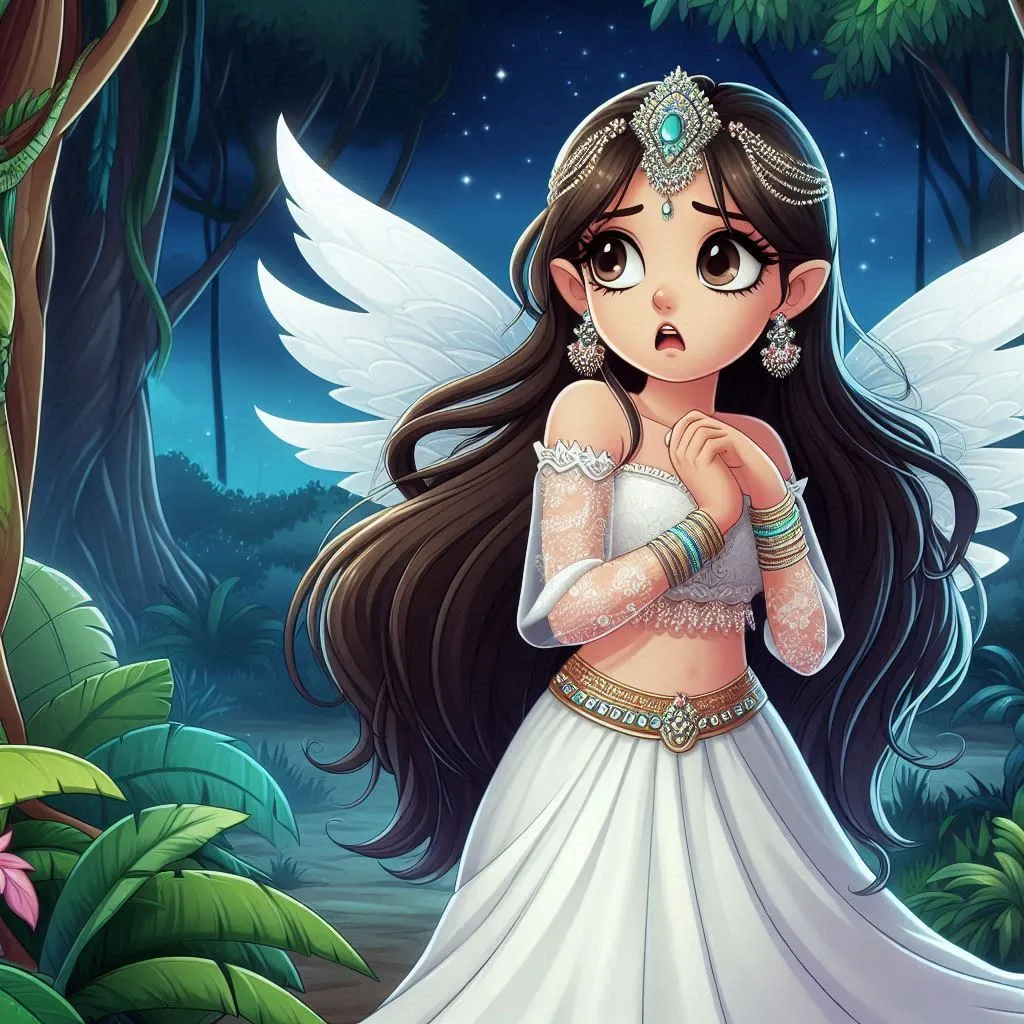 a beautiful fairy  with wings  with long hair,  wearing white lehenga  worried and sad  jungle at mid night animation cartoon zoom out  