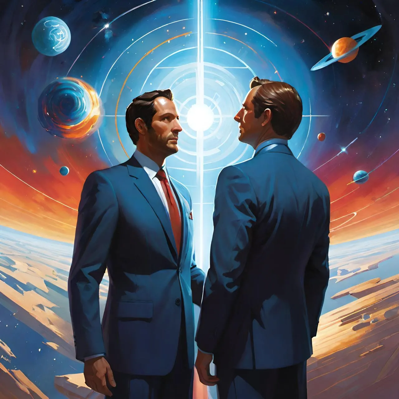 a painting of two men in suits facing each other