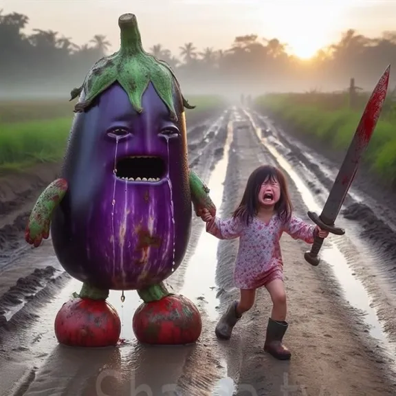 a little girl  with sword in his hand running away from a giant eggplant