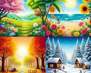 four different paintings of a winter scene