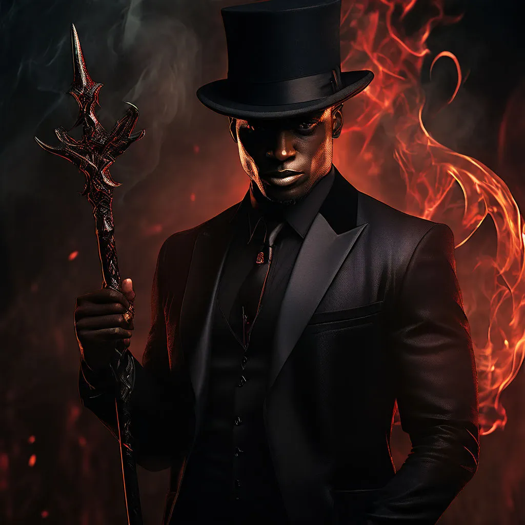 a man in a black suit and top hat holding a cane