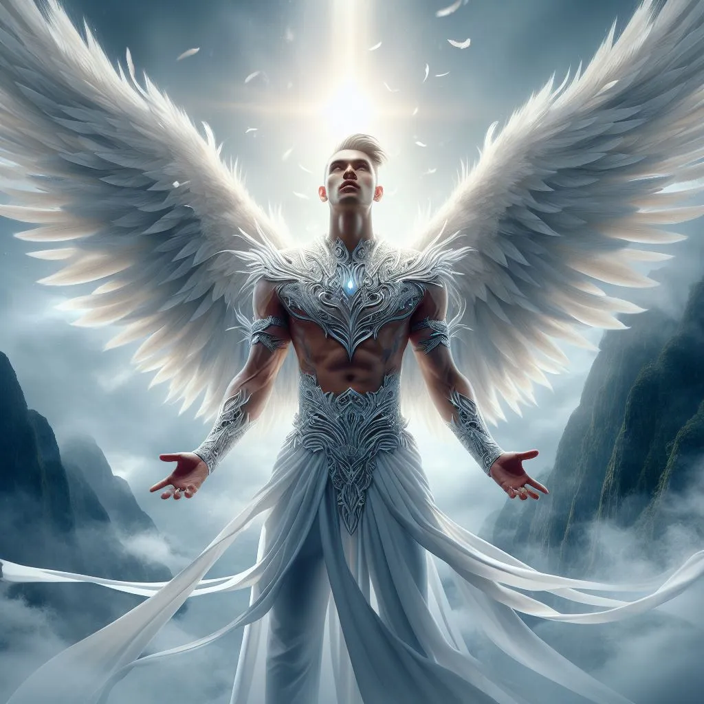 a man with white wings standing in the clouds