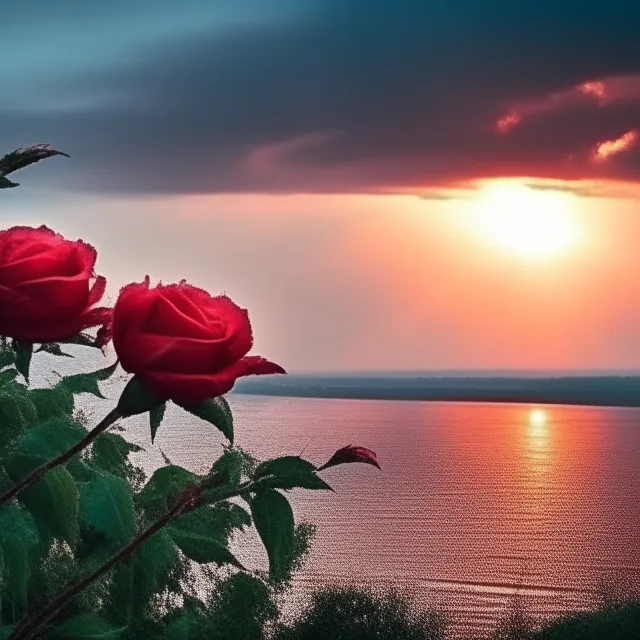 two red roses in front of a sunset over a body of water