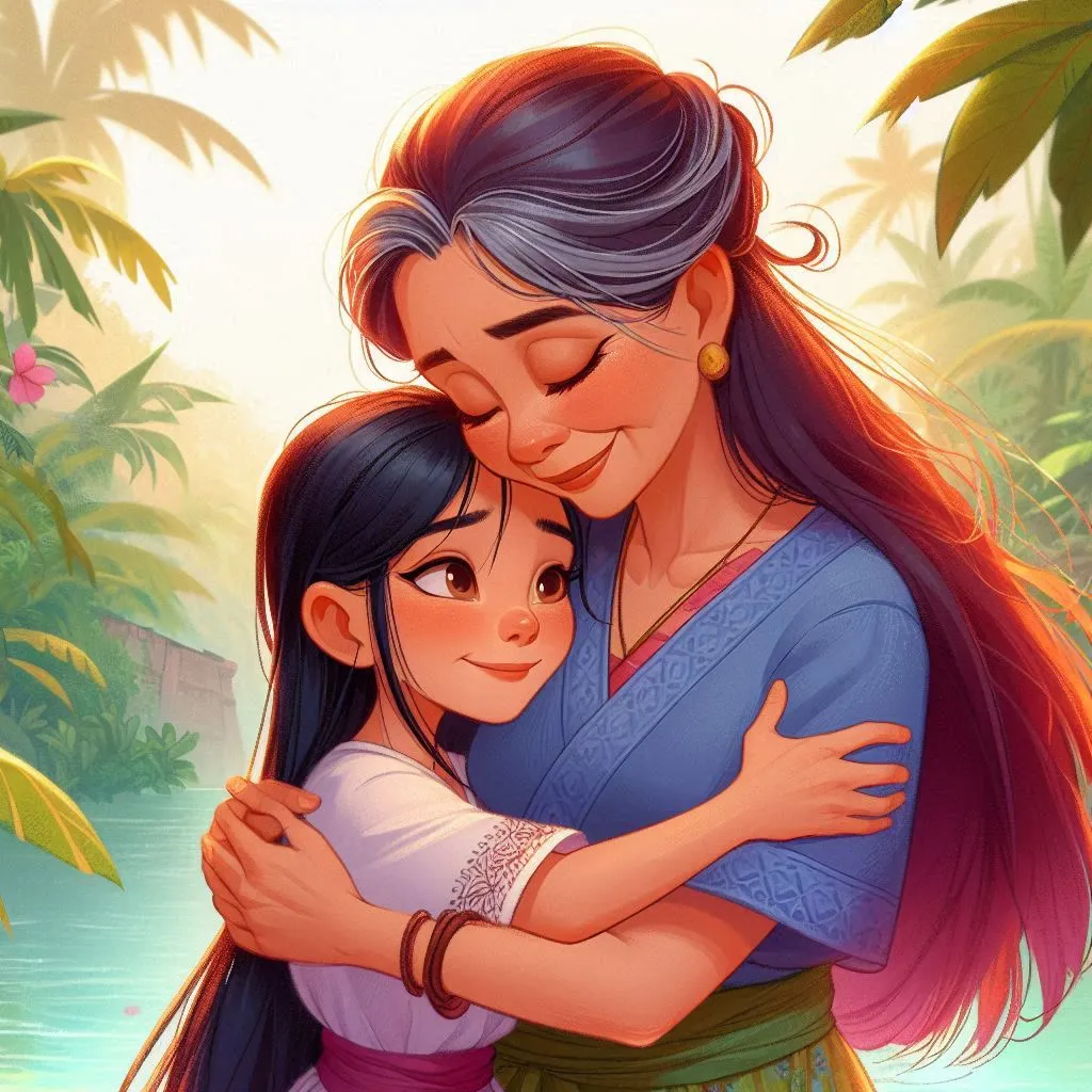 a mother hugging her daughter in the jungle