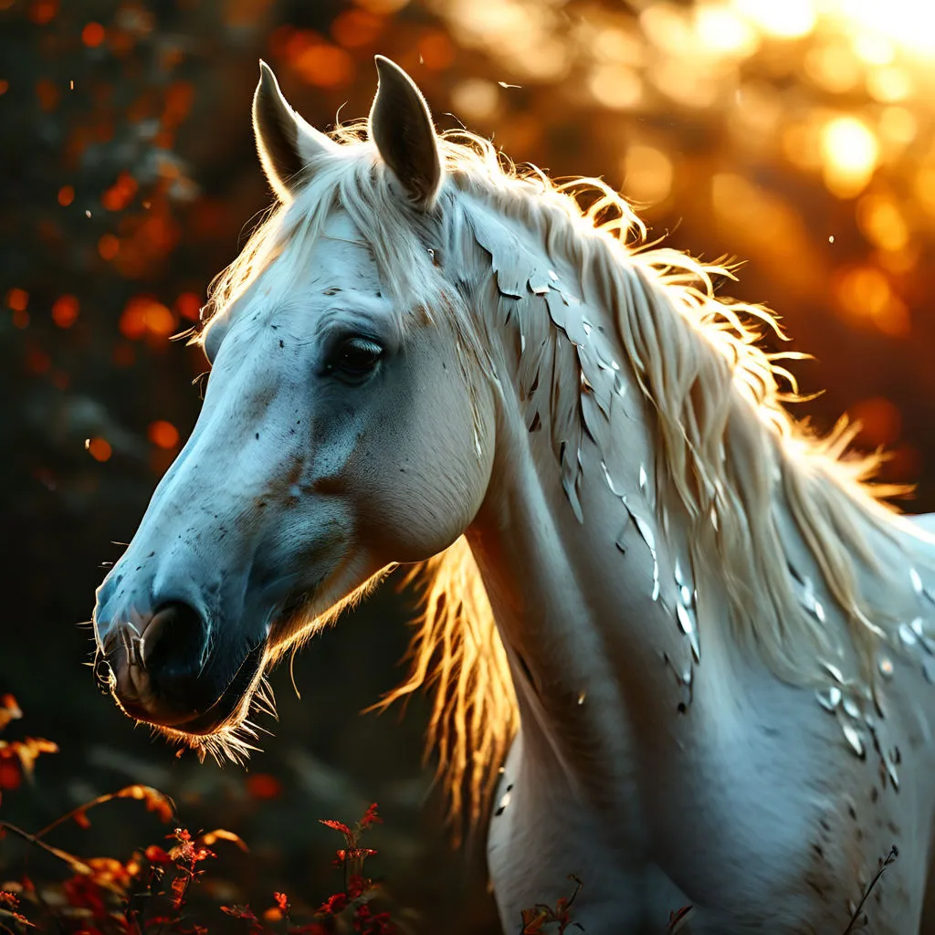 a white horse standing in a field of flowers