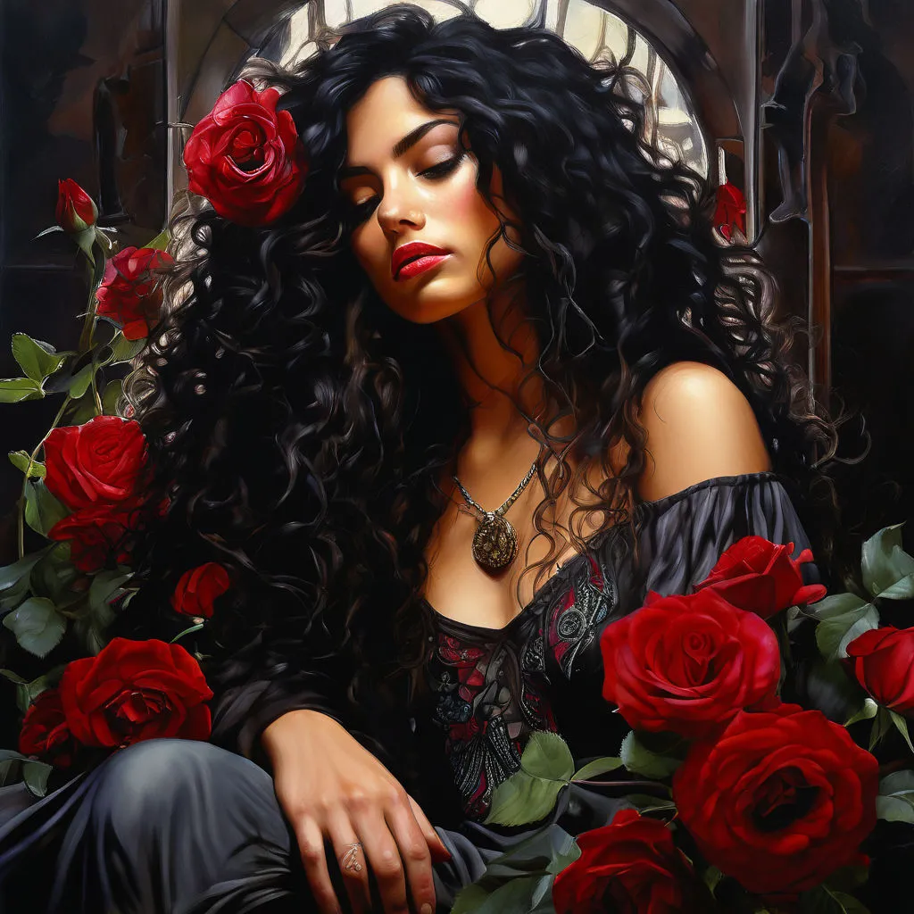 a painting of a woman surrounded by roses