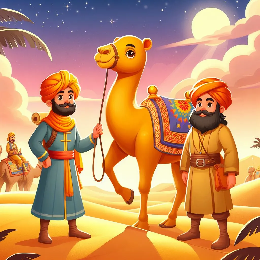 a painting of two men standing next to a camel