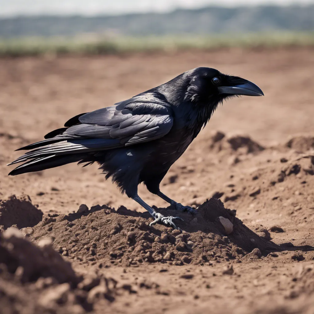 a large black bird standing on top of a dirt field