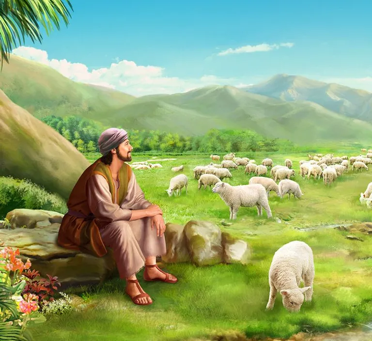 a painting of a man sitting in front of a herd of sheep