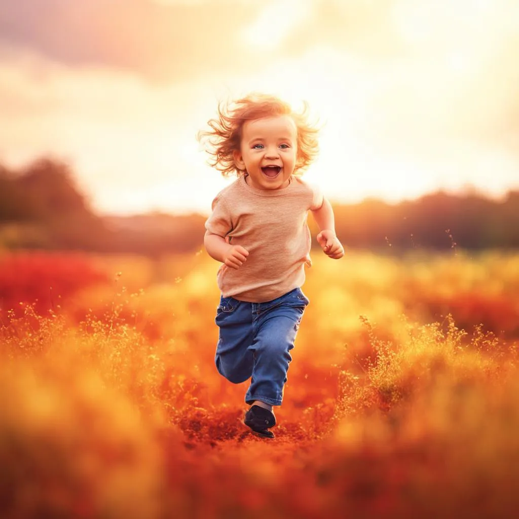 a young child running through a field of flowers