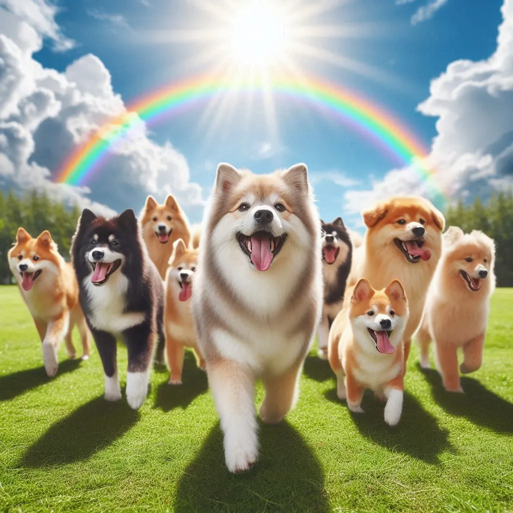 a group of dogs standing on top of a lush green field