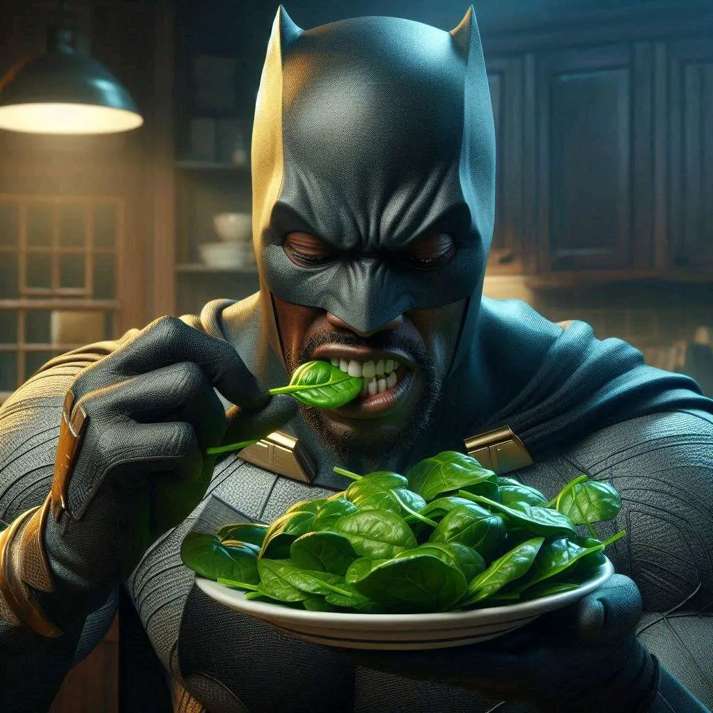 melting spinach before the batman. slow pan out. , advertising style