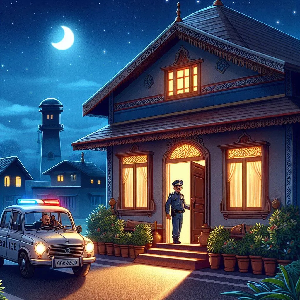 a police officer standing in front of a house