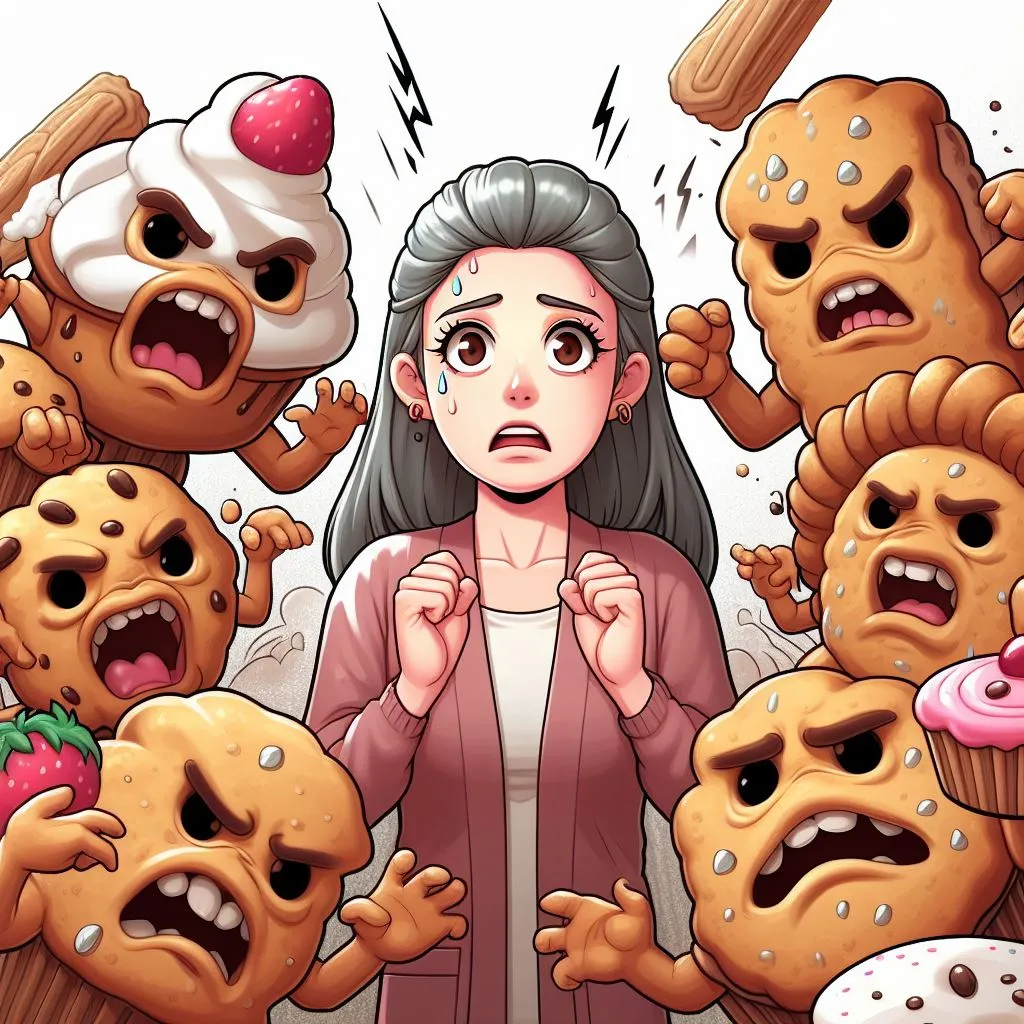 a woman standing in front of a bunch of pastries