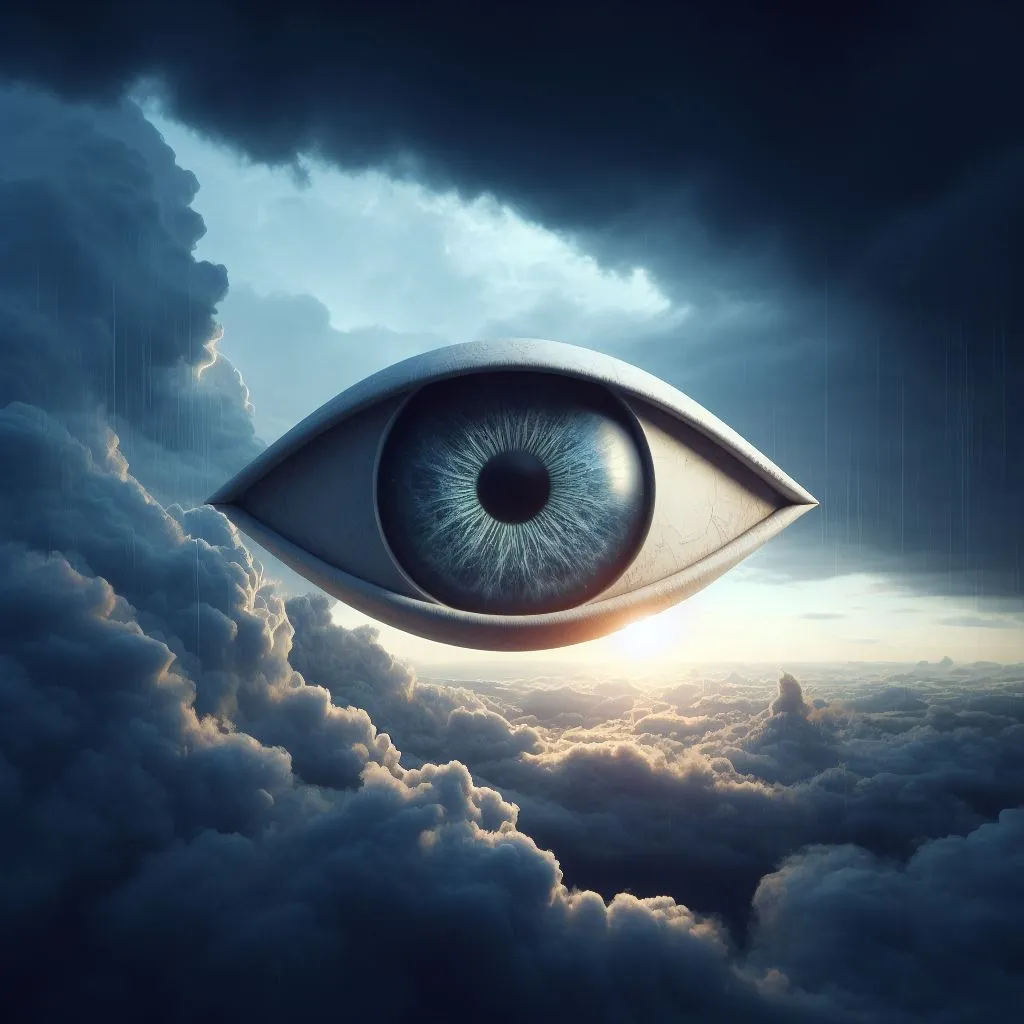 an eye floating above the clouds in the sky