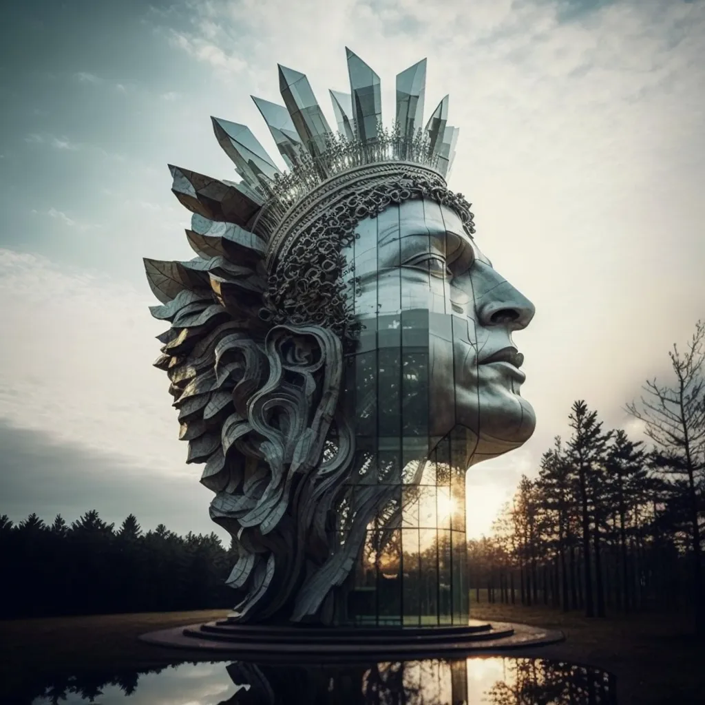 a statue of a woman's head with a glass building in the background