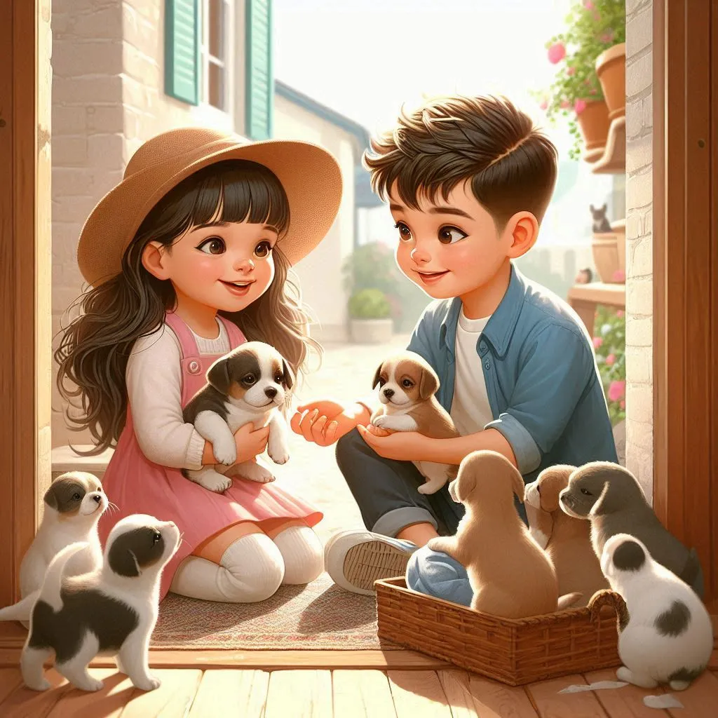 a painting of a boy and a girl holding puppies