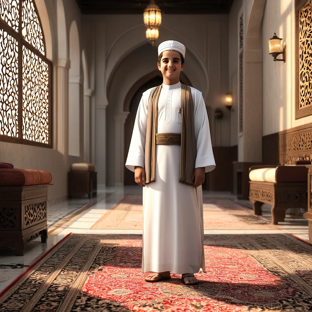 a man in a white outfit standing in a hallway