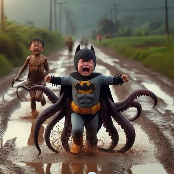 a little batman running away from huge monster octopus