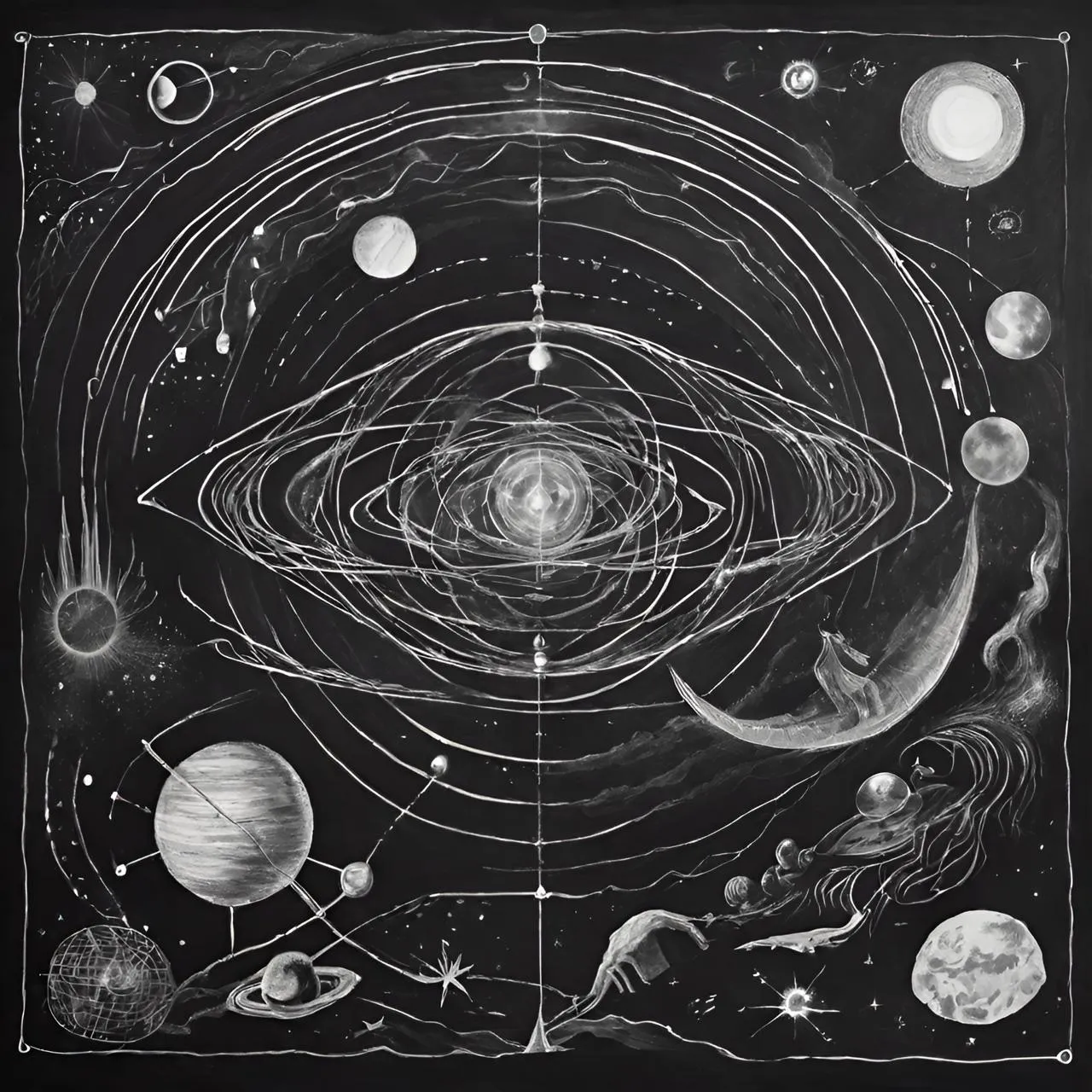 a black and white drawing of the solar system